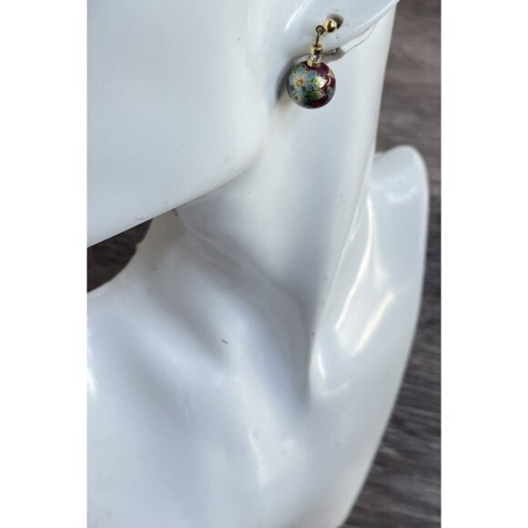 Vintage Cloisonne Earrings Carnelian Earrings Enamel Red White Round Dangle 1” - Picture 2 of 12
